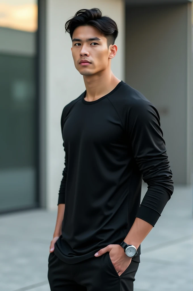A white man wearing a black sports shirt, Baduljang, Long sleeve t-shirts, Inspiration from Zhang Han, Inspired by Jeon Suk Lee, a handsome Chinese guy.