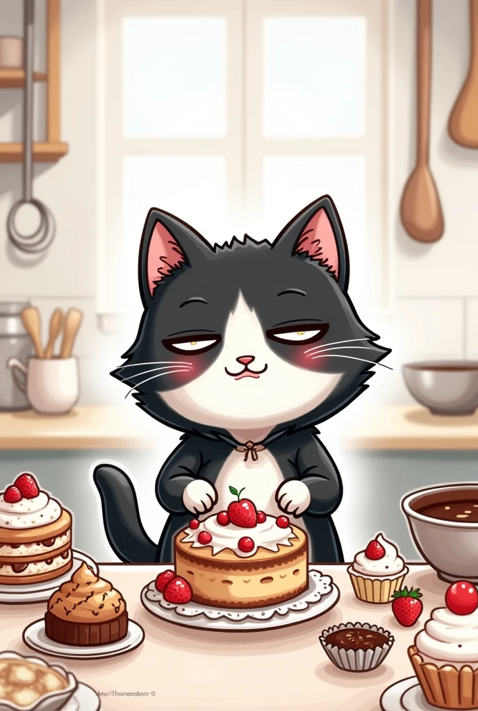 An image of a black and white cat in a cat suit making desserts or having desserts around, that the image is drawing style