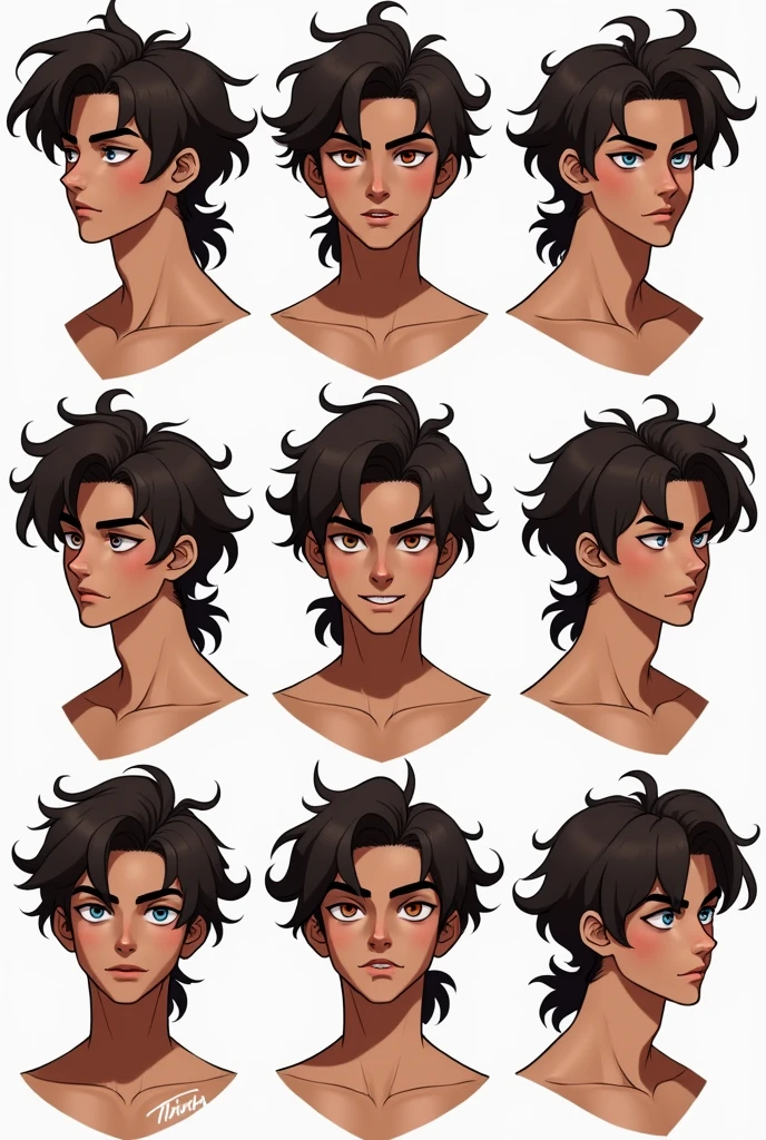 Appearance:Ray is a young man who appears to be in his early 20s an average hight and a lean muscular and a hint of a feminine stature and brown complexion who is almost always seen wearing a serious and emotionless expression or his regular aloof happy concerned or normal faces which are all cute He has unruly curly brunette hair of uneven lengths that sticks out In a low messy ponytail at the base of his neck of his neck and rouge colored irises and dark blue Diamond shaped pupils
He also wears silver vambrace bracelets on his wrists