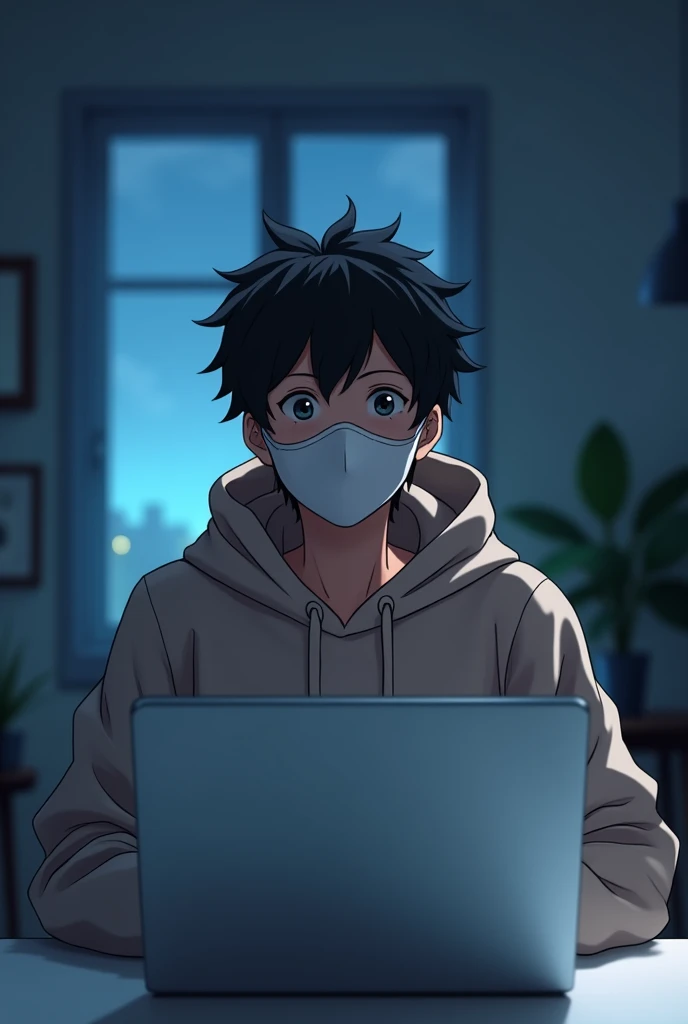 Anime friendly young man wearing a face mask,hoodie. He is sitting behind his laptop in his studio, arms on his desk. It is night. The room is minimalistic. He is front facing to the camera, looking straight and centered, central portrait, sitting straight forward, front view, centered looking straight at camera