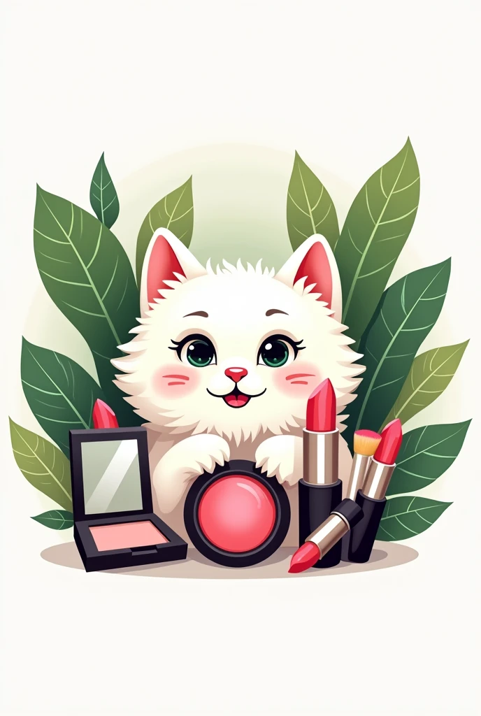 A logo with a cat, a plant and makeup stuff.
The cat is furry and white but only its face is visible., the plants are just green. 