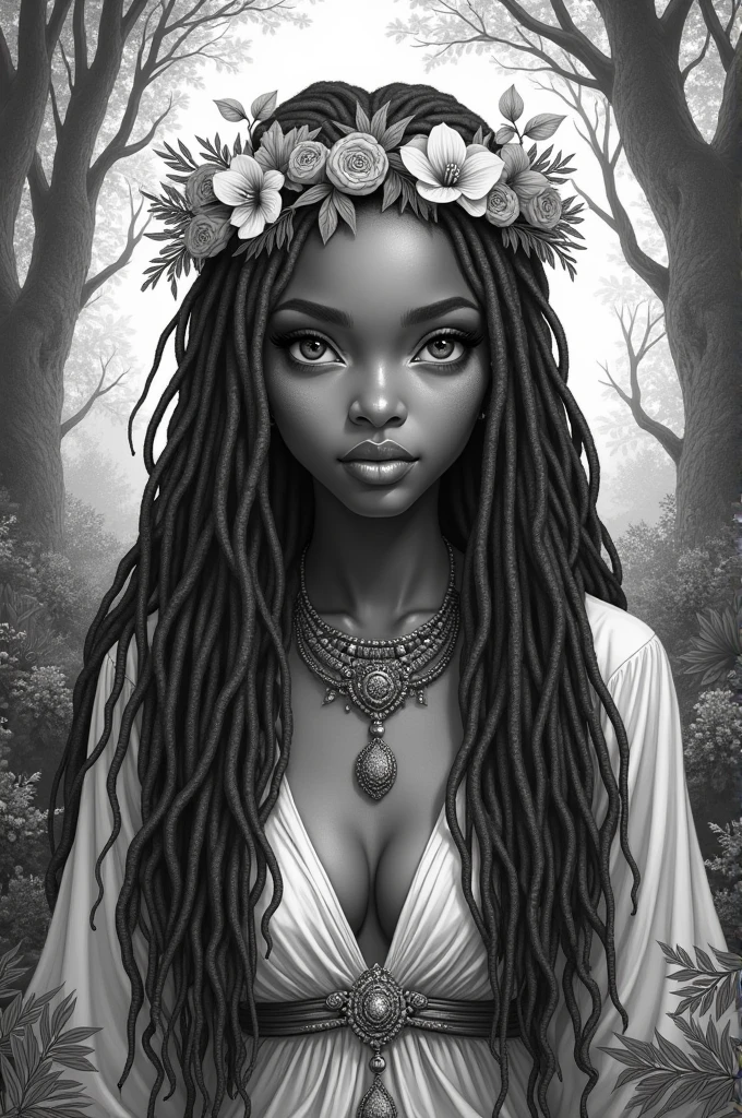 Black and white drawing of a young forest witch, very beautiful, of African features, long, full hair with dreadlocks, a crown of, flowers and elven costumes