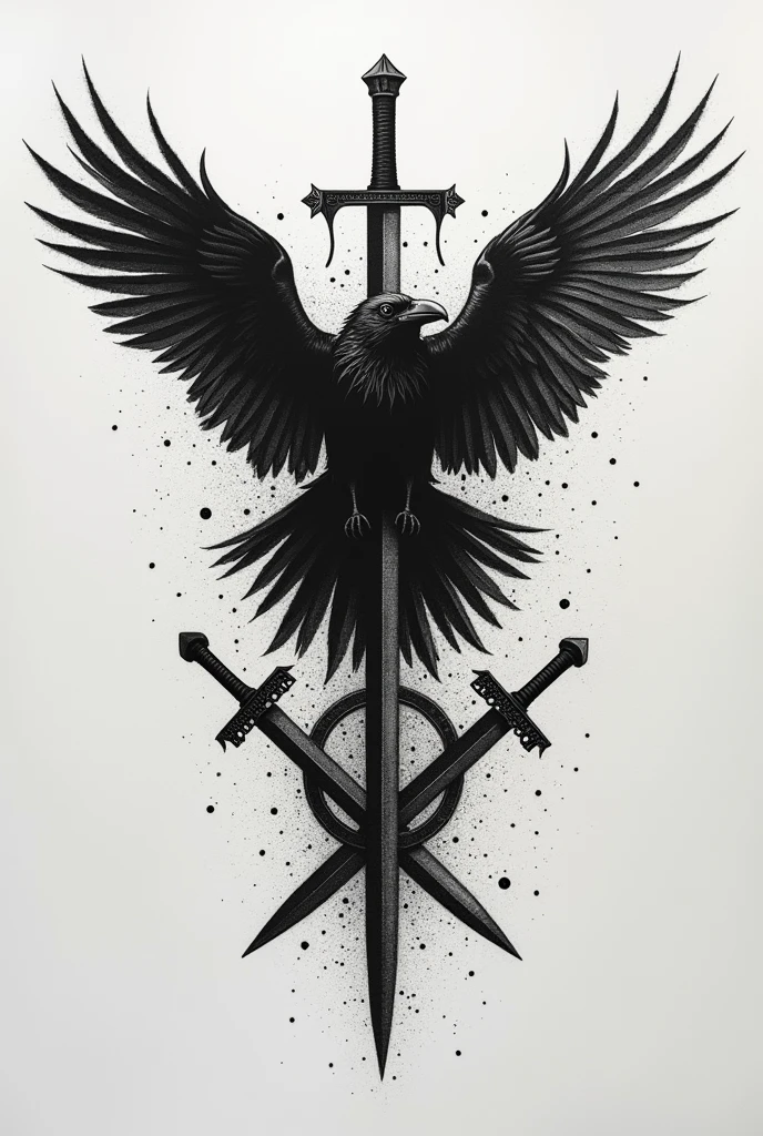 Create a black and white pointillism tattoo of a Viking metaphor with a raven flying over swords and runes