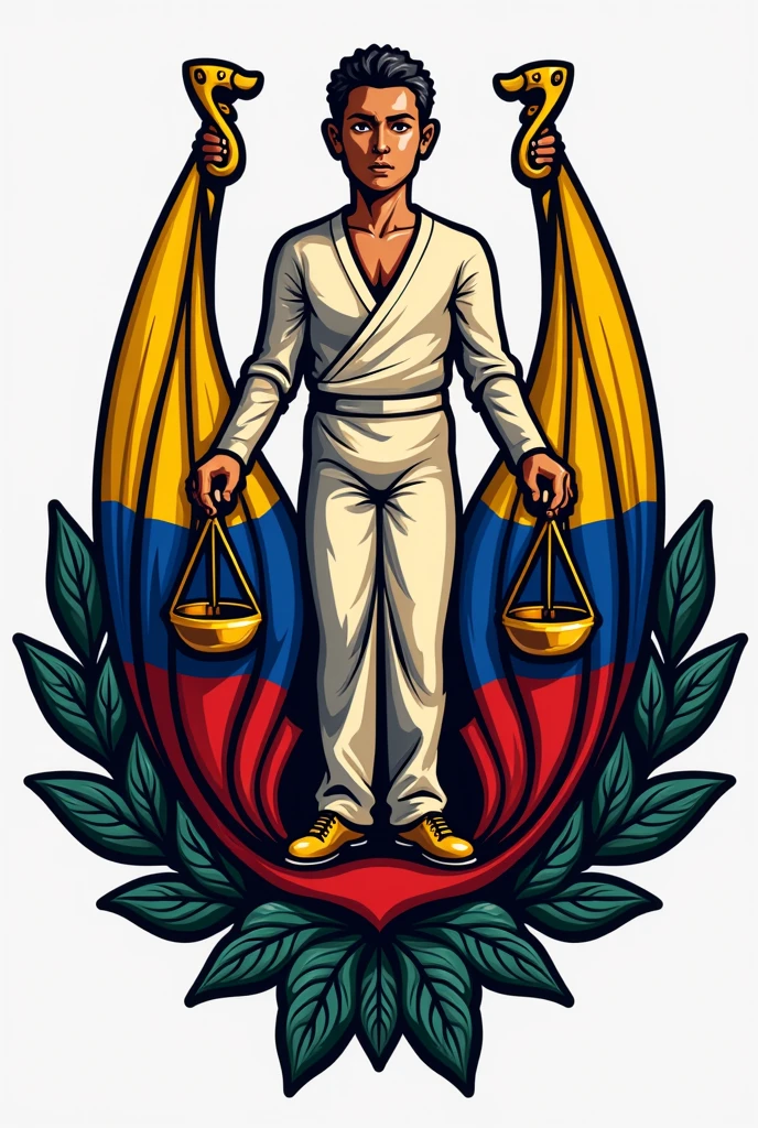 A logo of the Folklorist Lawyers of Venezuela with the flag of Venezuela on both sides, with the harp, four and maracas from Venezuela and the scale of lawyers and a person 