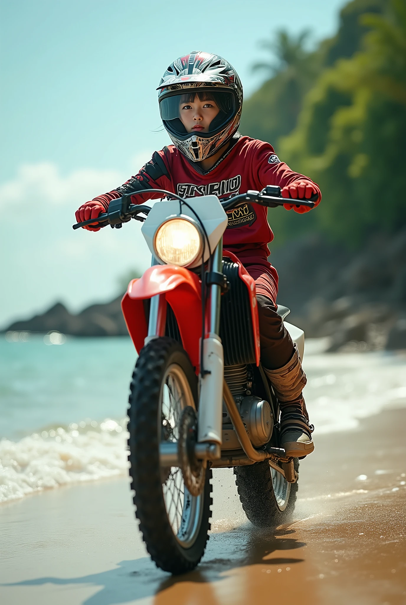 realistic, cinematic scene, very beautiful Japanese high school girl, riding an off-road motorcycle, at beautiful quiet beach in resort island, dramatic scene, masterpiece, (face focus:1.3), clear helmet visor, beautiful eyes, Honda CRF250L, stylish patterned Shoei helmet, (wearing off-road rider's outfits), (shoot from behind:1.3), full body