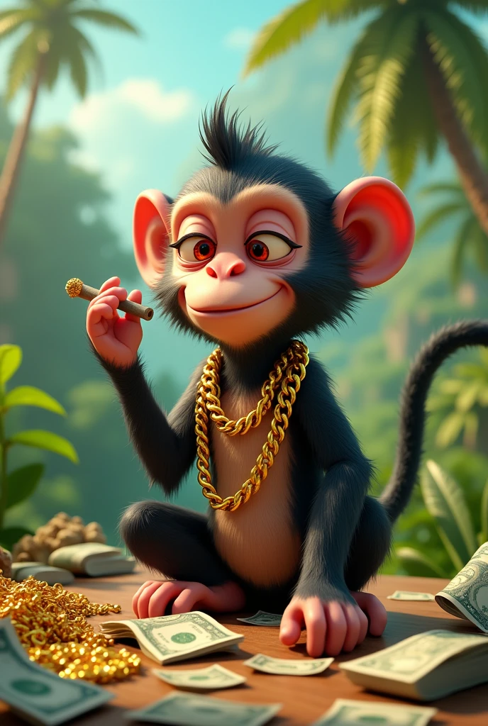 Create me an image of a monkey smoking marijuana with lots of bills and palms and gold chains and red squinting eyes and that is called macaco Animated