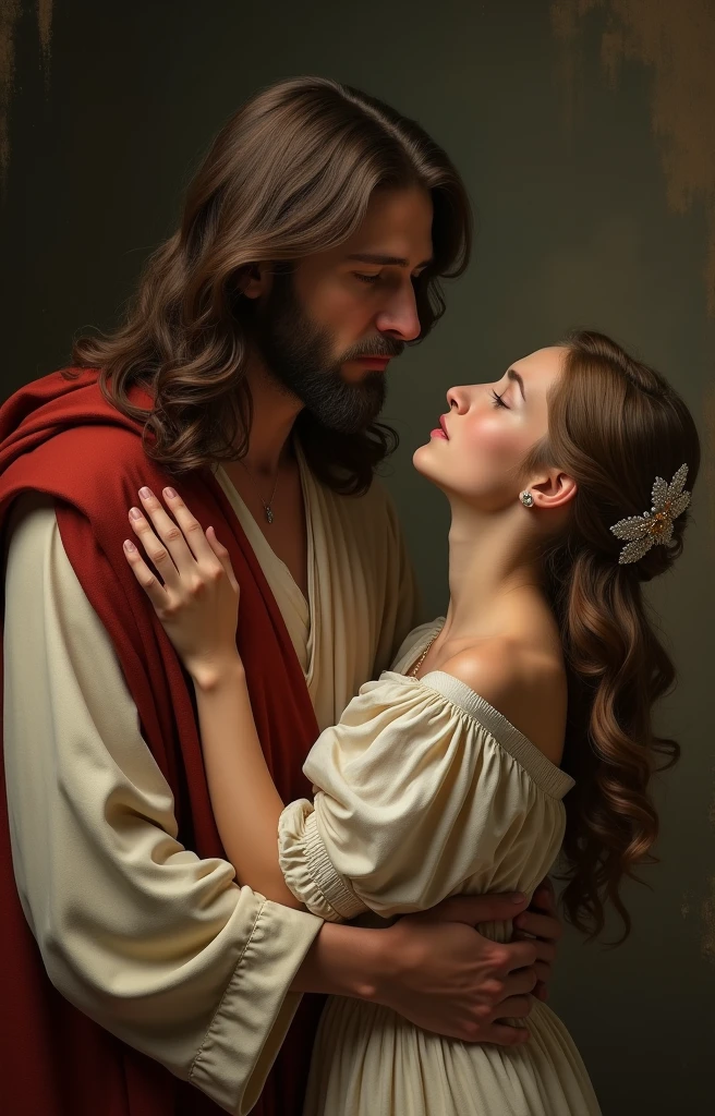realistic portrait of Jesus Christ embracing a young woman, beautiful detailed eyes, beautiful detailed lips, extremely detailed eyes and face, long eyelashes, intricate folds and textures of robes, dramatic chiaroscuro lighting, warm color palette, oil painting, cinematic composition, highly detailed, (best quality,4k,8k,highres,masterpiece:1.2),ultra-detailed,(realistic,photorealistic,photo-realistic:1.37),dramatic lighting,cinematic,renaissance art,classical realism