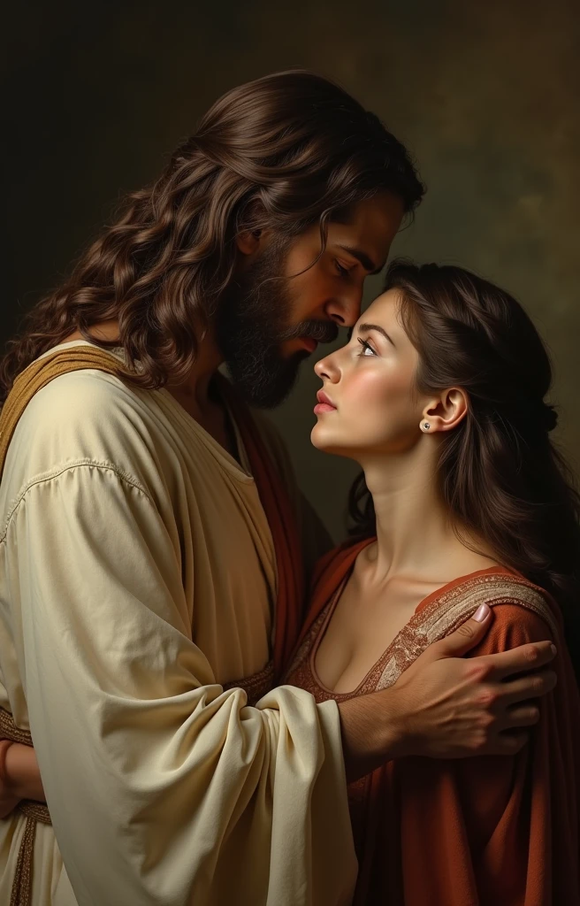 realistic portrait of Jesus Christ embracing a young woman, beautiful detailed eyes, beautiful detailed lips, extremely detailed eyes and face, long eyelashes, intricate folds and textures of robes, dramatic chiaroscuro lighting, warm color palette, oil painting, cinematic composition, highly detailed, (best quality,4k,8k,highres,masterpiece:1.2),ultra-detailed,(realistic,photorealistic,photo-realistic:1.37),dramatic lighting,cinematic,renaissance art,classical realism