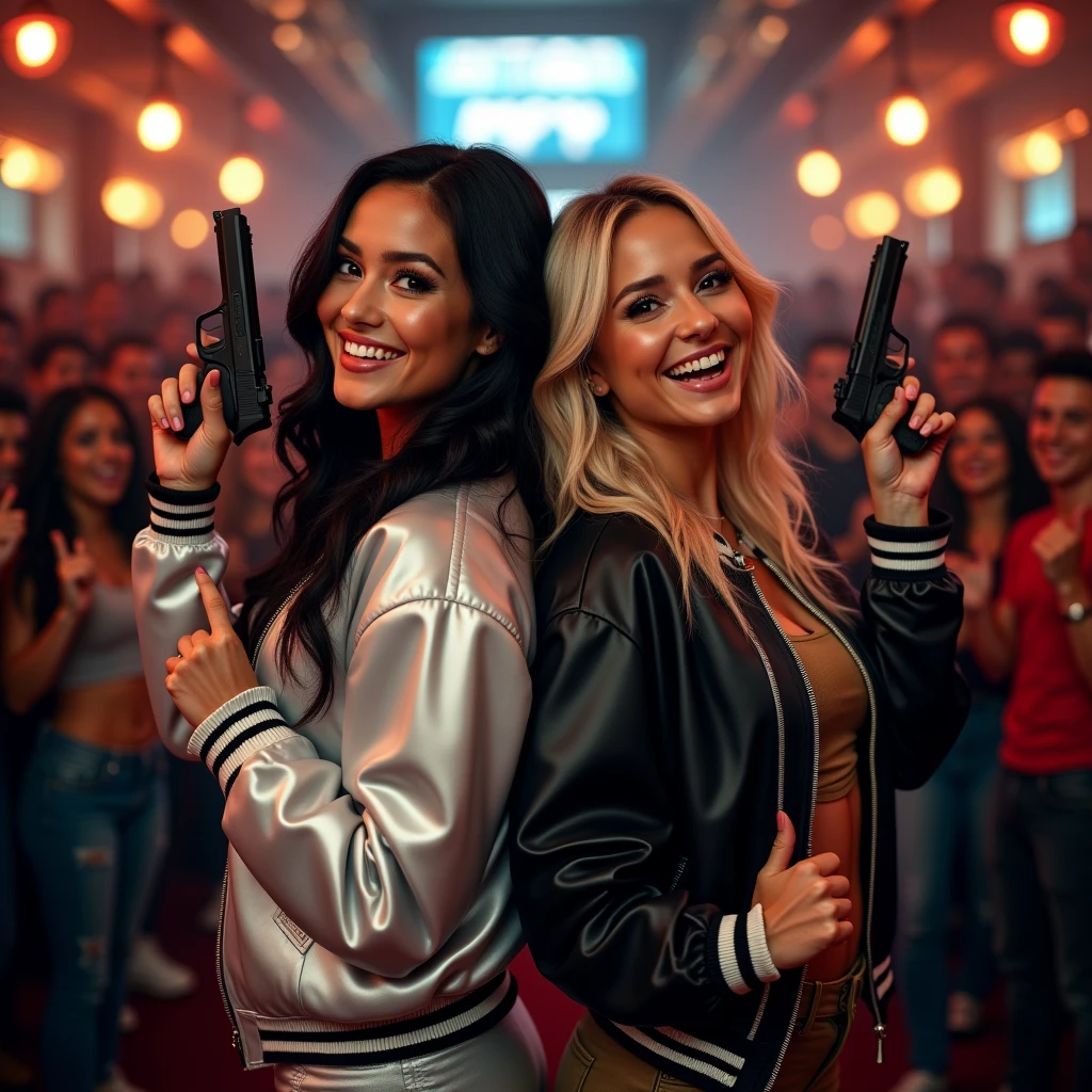 wide depth of field, wide depth of focus, f/11 lens setting, all objects in focus, full color image, 2 laughing women standing back to back, posing with pistol d strait up by face, looking at camera ,large fraternity house game room, full body image, (two tone silver and black satin bomjackets with white trim, shiny satin pants), women posing with a pistol held up face, one girl makes peace sign with hand, long flowing hair (one raven haired, one blonde) , confidant smile, pure form, intricate details, 8K post-production, high resolution, super detailed, Popular topics on Artstation,, Studio photos, intricate details, Very detailed, she stands in the middle of the room and she is surrounded by a large (all male) group of cheering young men wearing jeans and t-shirts who are all standing in the background