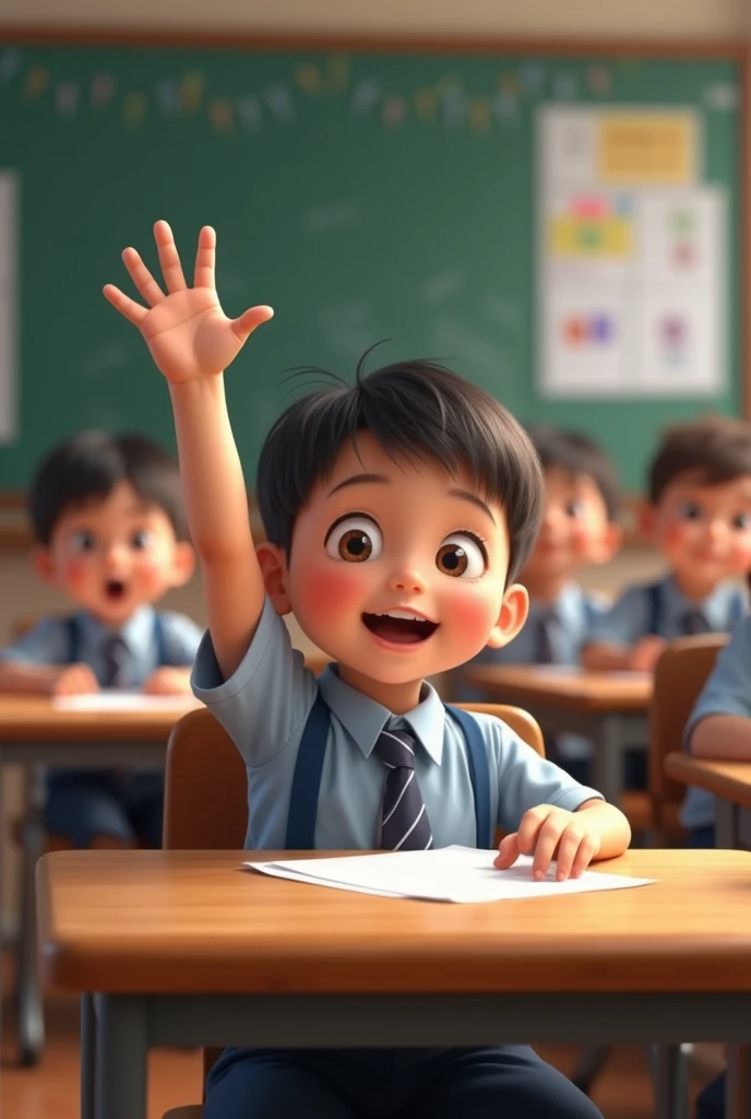 A  in a classroom surrounded by classmates raising his hand to ask to participate in class