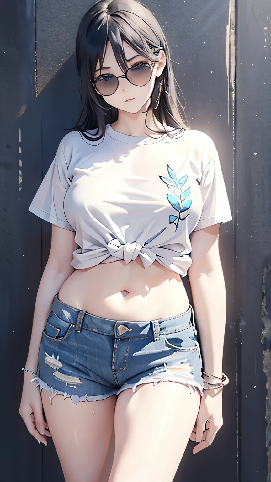 Glass-colored semi-transparent knotted short sleeves,Plump thighs,Open crotch denim shorts,Spiral long hair,Leg decoration,Hair is soaked,Tattoo on abdomen,sunglasses,Overlooking