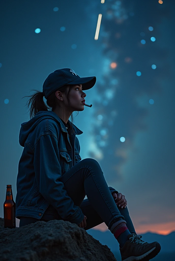 Tomboy girl with a Yankees cap with a cigarette in her mouth looking at the galactic sky with the Star Link star train sitting looking at the abyss from a mountain with a jacket and Adidas shoes and a bottle of beer