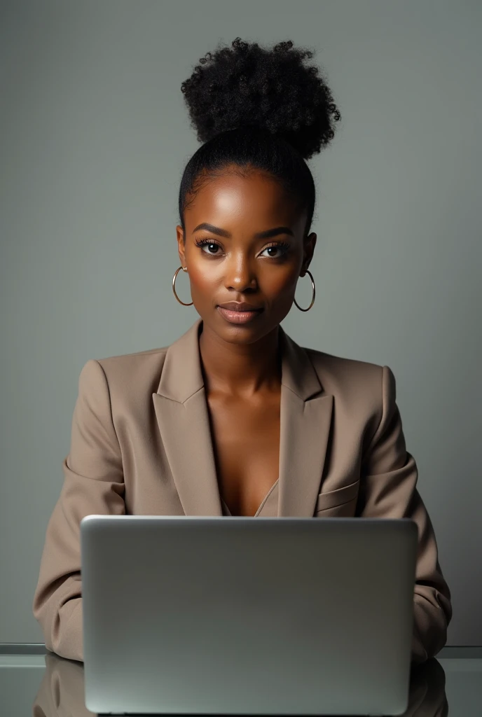 A Beautiful  African lady wearing suit sitting in the studio looking straight to the camera with laptop in front of her 