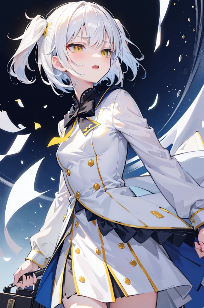 Face_through_torso, 1girl, two Side up Short Hair(white_hair, hair_between_eyes,(two Side up),(short_back hair)), yellow eyes, arrogant and relaxed personality, doya_gao, sneering expression, dark blue hoodie underneath, white school uniform jacket (elegant and luxurious design), aristocratic school girl, Open your mouth small and laugh, a conductor with a baton