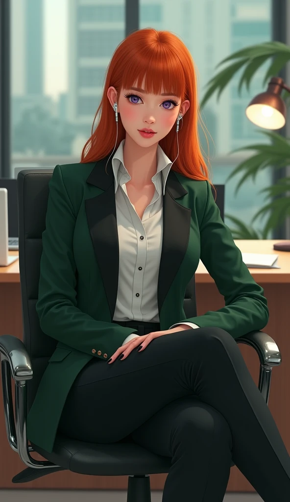 sexy secretary spreading her legs while sitting on a table, stockings, tight skirt, high heels, blouse, redhead, red lipstick, beautiful symmetrical face, cute natural makeup, ultra-realistic,elegant, highly detailed, intricate, sharp focus, depth of field, symmetrical eyes, ultra high res, photorealistic, 8k, hyperrealism, dramatic lighting