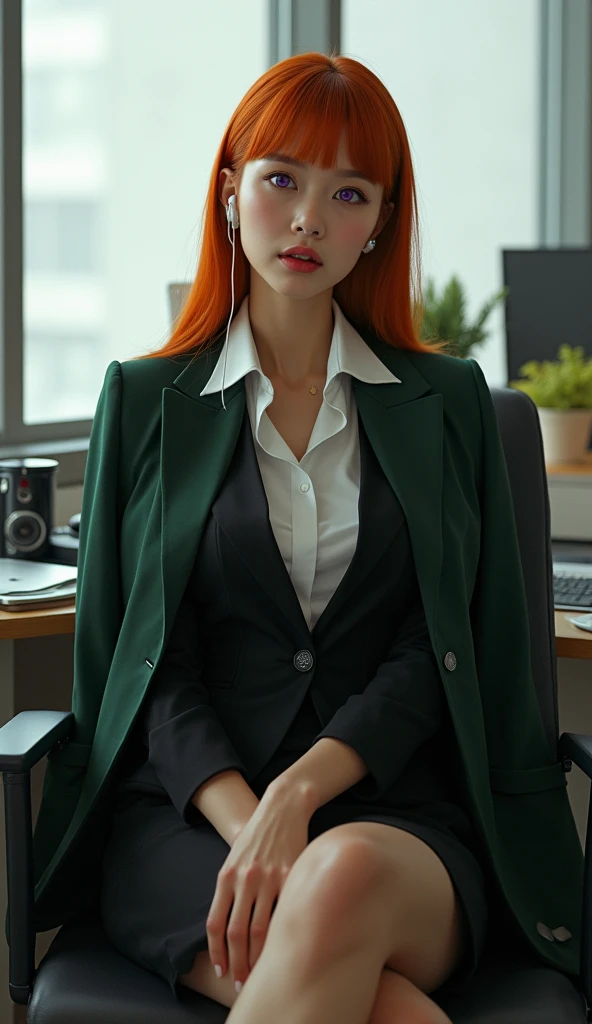 there is a woman sitting in a chair with a laptop, wearing a strict black suit, sitting on a desk, in strict suit, on a desk, in a strict suit, japanese goddess, thigh and skirt, sat at her desk, sentado on a desk, sitting on desk, wearing business suit, sleek legs, looking seductively ahead, cross legs, Sakura Futaba, hair orange, Blunt bangs, purples eyes, violet eyes, cups, white button down shirt, earbuds, Thick, green jacket, thick-thighs
