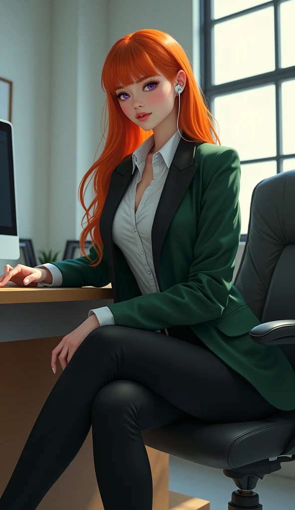 there is a woman sitting in a chair with a laptop, wearing a strict black suit, sitting on a desk, in strict suit, on a desk, in a strict suit, japanese goddess, thigh and skirt, sat at her desk, sentado on a desk, sitting on desk, wearing business suit, sleek legs, looking seductively ahead, cross legs, Sakura Futaba, hair orange, Blunt bangs, purples eyes, violet eyes, cups, white button down shirt, earbuds, Thick, green jacket, thick-thighs