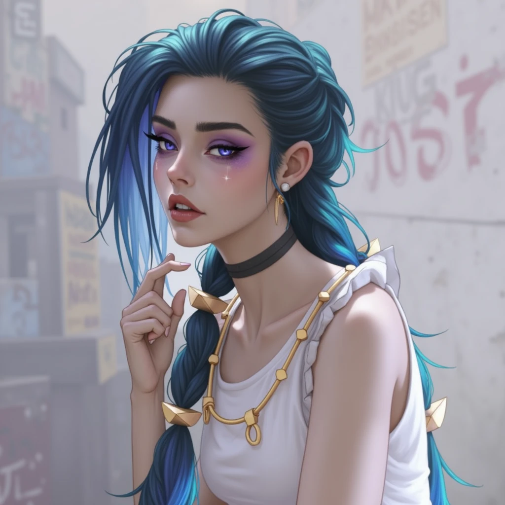one girl, jinx of league of legends, blue hair, purple eyes, grey skin, street background