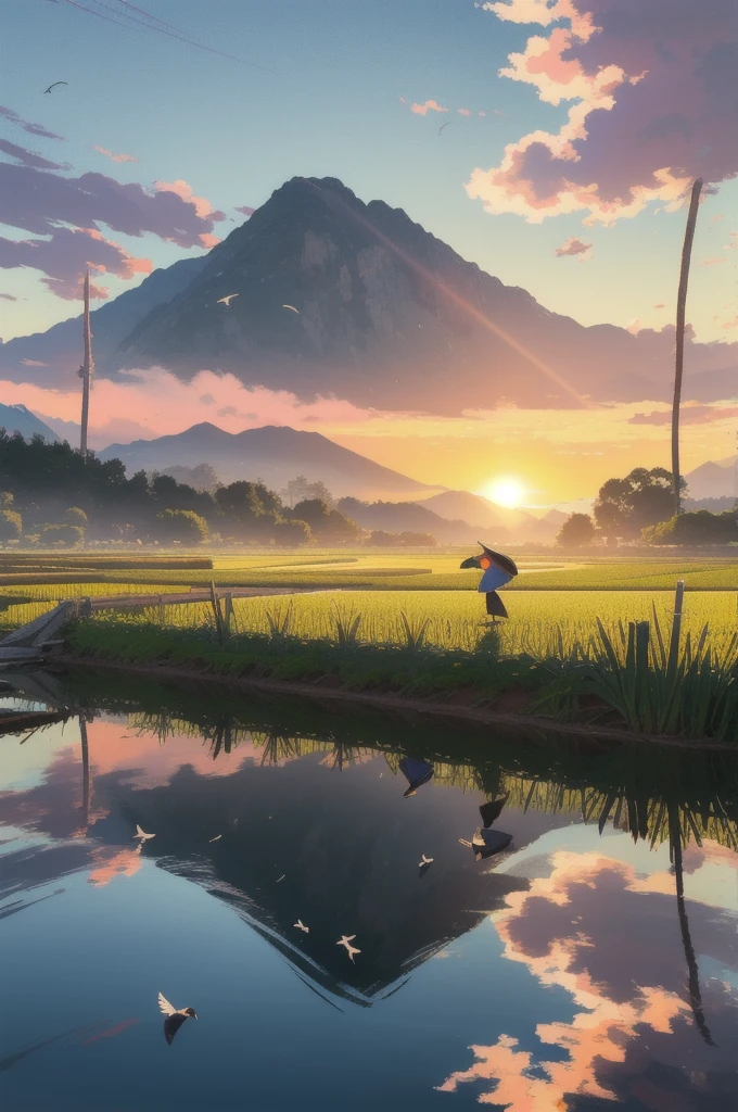 (thrilling, Practical, Vibrant colors, 8K),Rice fields and sunset, golden hour lights, Tall and lush green rice, The reflection of the sky sparkles on the water, The breeze gently sways the plants, The background is a distant mountain, Peaceful atmosphere, Peace and tranquility, The air is a little hazy, Soft and warm sunshine, Farmer wearing traditional hat, Bending over to work in the fields, Beautiful movements, Rustling leaves, A flock of birds flying in the sky, Create a sense of harmony