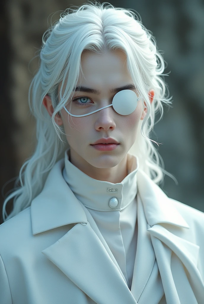 REAL LIFE, young man, white hair, braid, bangs in the hair, emo bangs in the hair, straight hair, blue eyes, male, real life, realistic, MAN, retrô, human, live action, White cape, white eye patch, Full body, HE IS A MAN, MALE, very beautiful young man, White clothes, russian man