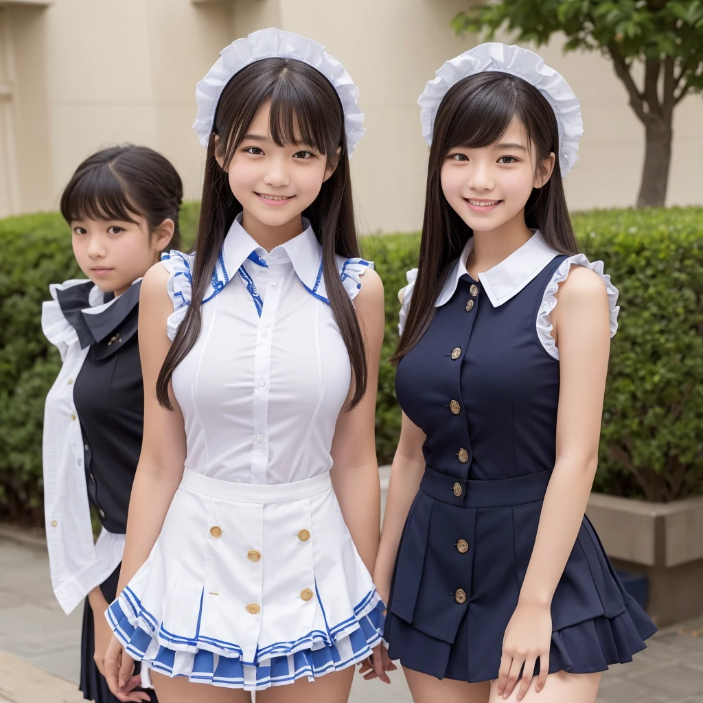 (high quality)、(High resolution)、Two  high school students、Look at me with a smile、whole body、Big Breasts:1.3、(A tight sleeveless shirt with buttons, frills and a collar)、(A short skirt with frills)