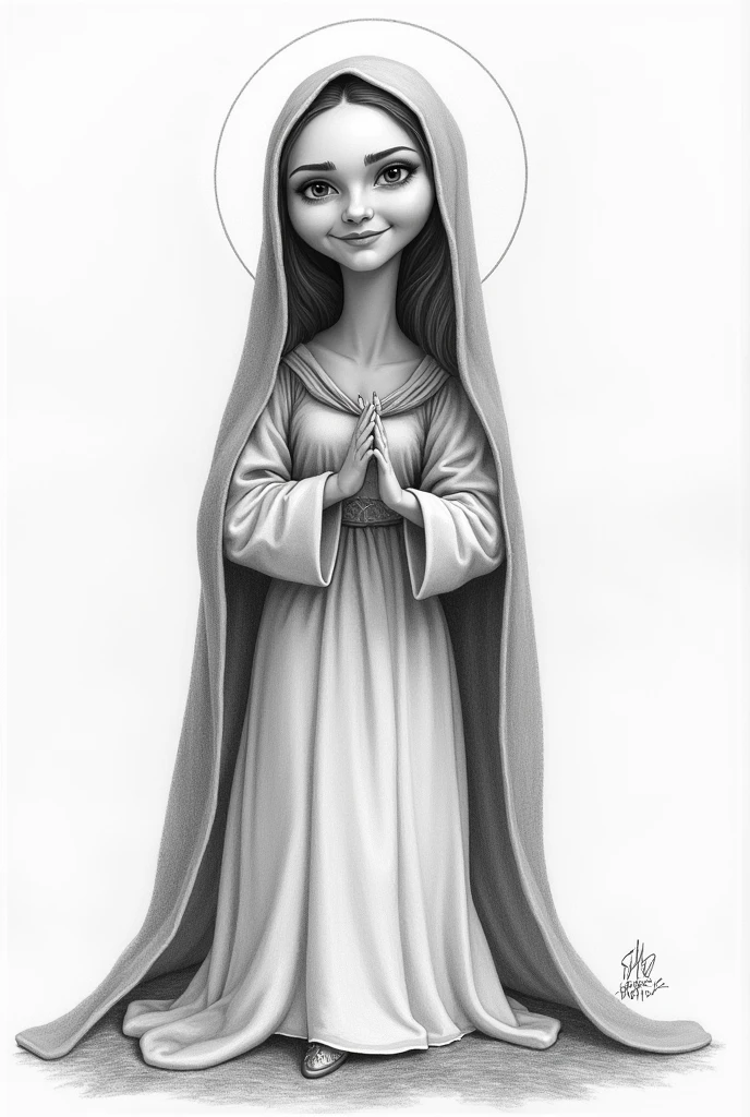 Caricature of Saint Rose of Lima, in pencil, occupying all the space on the sheet, highlighting the values that as a saint she invites us to live , adds to the image his practice of severe asceticism 