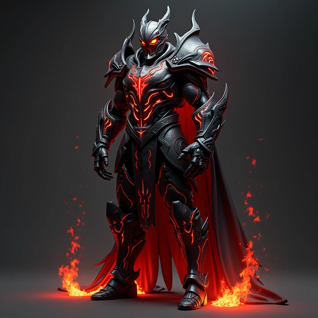 A heavily reinforced suit of battle armor designed to channel and enhance wielder's Hell Fire magic. The armor has built-in flame projectors and a heat shield, allowing him to unleash torrents of infernal fire while remaining protected from counterattacks. The armor glows with an ominous red light when fully activated, symbolizing his mastery over Hell Fire. Charcoal black with crimson flames etched across the surface. 3D Rendering, Super Detailed, Textured Skin, High Resolution, High Quality, 