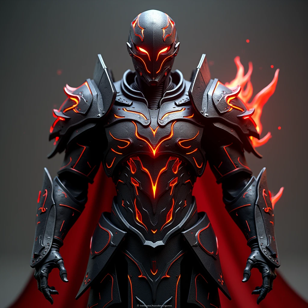 A heavily reinforced suit of battle armor designed to channel and enhance wielder's Hell Fire magic. The armor has built-in flame projectors and a heat shield, allowing him to unleash torrents of infernal fire while remaining protected from counterattacks. The armor glows with an ominous red light when fully activated, symbolizing his mastery over Hell Fire. Charcoal black with crimson flames etched across the surface. 3D Rendering, Super Detailed, Textured Skin, High Resolution, High Quality, 
