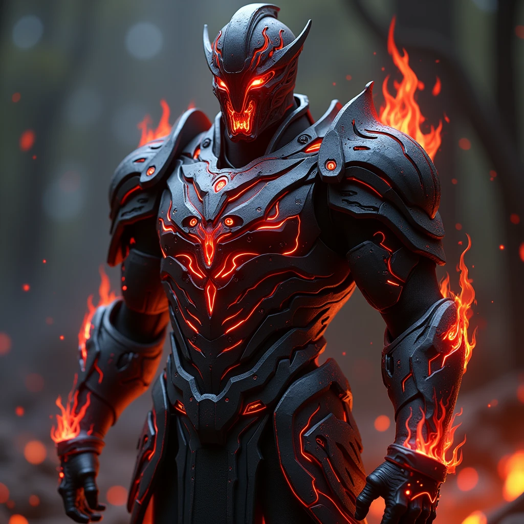 A heavily reinforced suit of battle armor designed to channel and enhance wielder's Hell Fire magic. The armor has built-in flame projectors and a heat shield, allowing him to unleash torrents of infernal fire while remaining protected from counterattacks. The armor glows with an ominous red light when fully activated, symbolizing his mastery over Hell Fire. Charcoal black with crimson flames etched across the surface. 3D Rendering, Super Detailed, Textured Skin, High Resolution, High Quality, 