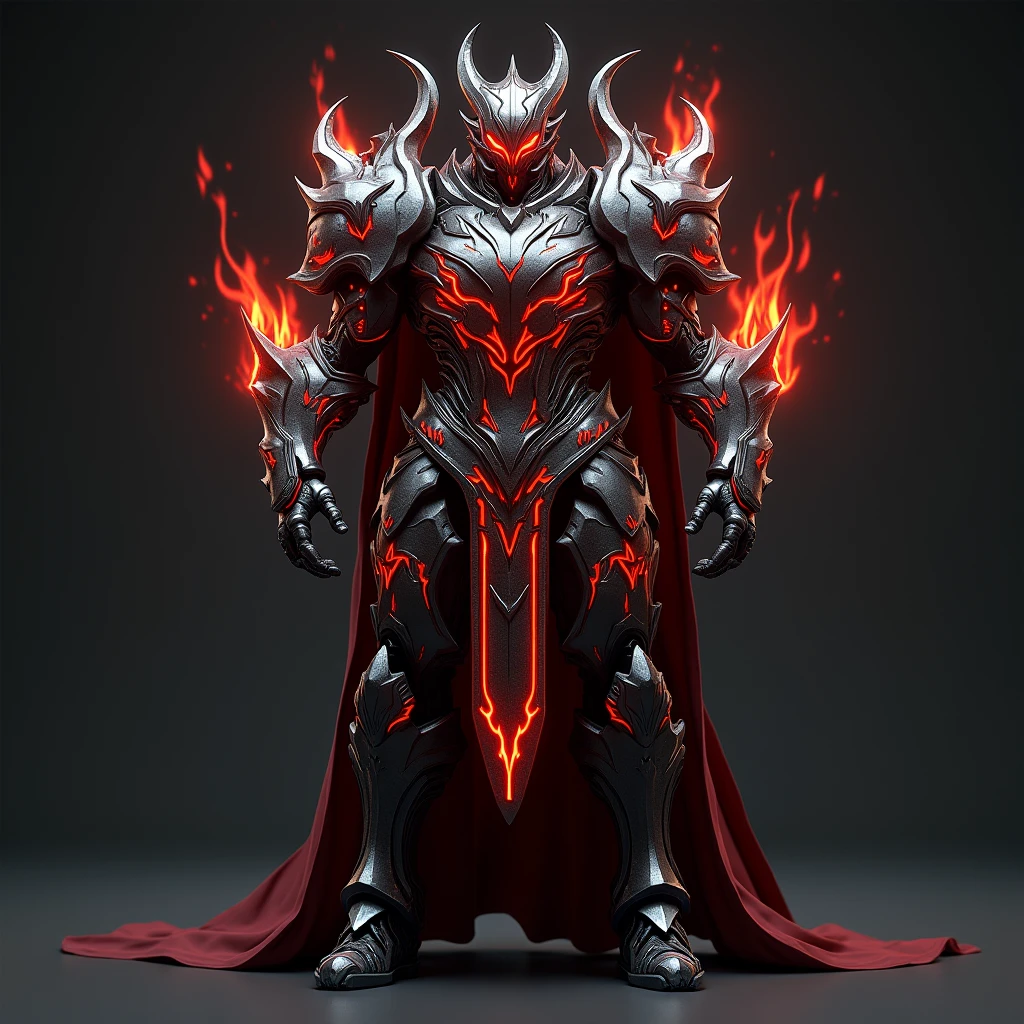 A heavily reinforced suit of battle armor designed to channel and enhance wielder's Hell Fire magic. The armor has built-in flame projectors and a heat shield, allowing him to unleash torrents of infernal fire while remaining protected from counterattacks. The armor glows with an ominous red light when fully activated, symbolizing his mastery over Hell Fire. Charcoal black with crimson flames etched across the surface. 3D Rendering, Super Detailed, Textured Skin, High Resolution, High Quality,