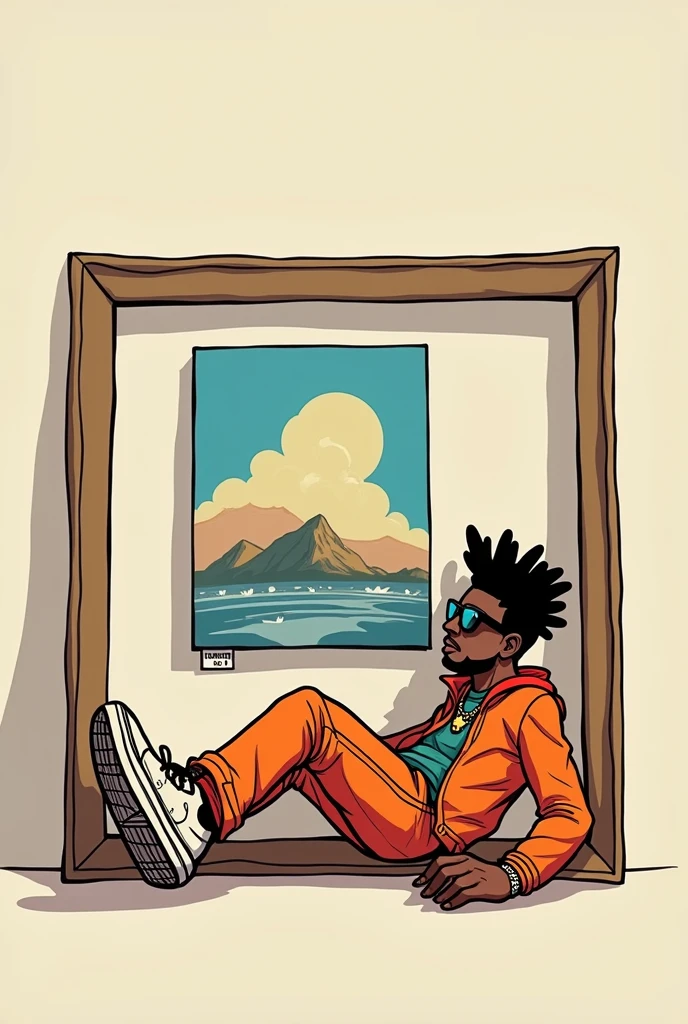 Create an image where a character appears in a cartoon style (rapper style dress) almost on his back, looking at an art painting (The box will literally have the measurements of a square) the character in text will say nice thing, beautiful thing, thing well done IN SPANISH, copy the text,THE TEXT SAYS IT, THE CHARACTER, NOT THE ARTWORK