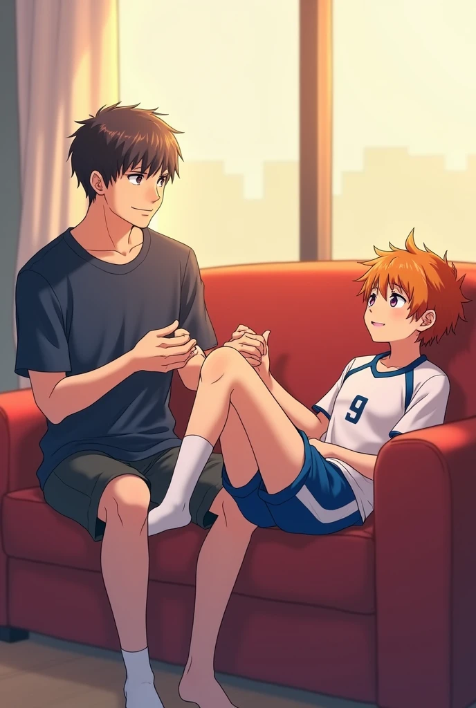 A side view of Kageyama from Haikyuu sitting at the end of a couch, with Shoyo Hinata lying stretched out on the couch, his feet resting on Kageyama's stomach. Kageyama is gently holding Hinata's ankles. Hinata is wearing his Karasuno High School volleyball uniform and white socks that reach his ankles. His eyes, a deep, hypnotic violet, like amethysts, suggest he is under a trance. His gaze is directed towards the ceiling, as if unaware of Kageyama's presence. His signature orange hair is slightly tousled. Kageyama, slightly older, gazes down at Hinata's feet with a knowing smile, as if sharing a secret. The scene is bathed in soft, warm light, creating a peaceful and intimate atmosphere.  The artwork should be in the style of the Haikyuu anime, with vibrant colors, dynamic lines, and expressive characters.