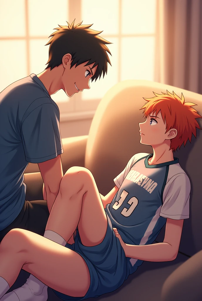 A side view of Kageyama from Haikyuu sitting at the end of a couch, with Shoyo Hinata lying stretched out on the couch, his feet resting on Kageyama's stomach. Kageyama is gently holding Hinata's ankles. Hinata is wearing his Karasuno High School volleyball uniform and white socks that reach his ankles. His eyes, a deep, hypnotic violet, like amethysts, suggest he is under a trance. His gaze is directed towards the ceiling, as if unaware of Kageyama's presence. His signature orange hair is slightly tousled. Kageyama, slightly older, gazes down at Hinata's feet with a knowing smile, as if sharing a secret. The scene is bathed in soft, warm light, creating a peaceful and intimate atmosphere.  The artwork should be in the style of the Haikyuu anime, with vibrant colors, dynamic lines, and expressive characters.