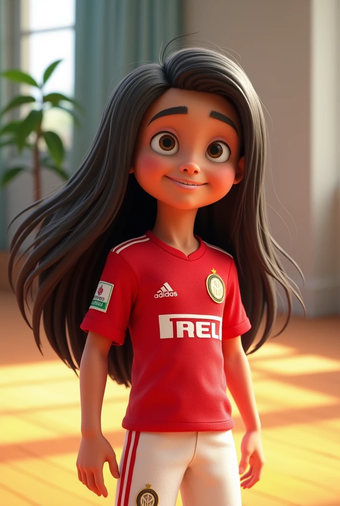 male with masculine appearance with long hair down to the middle of his back, with big eyes and big mouth , wearing a red soccer jersey from Inter de Porto Alegre, Brazil, and white pants with red stripes, 3D Pixar style.