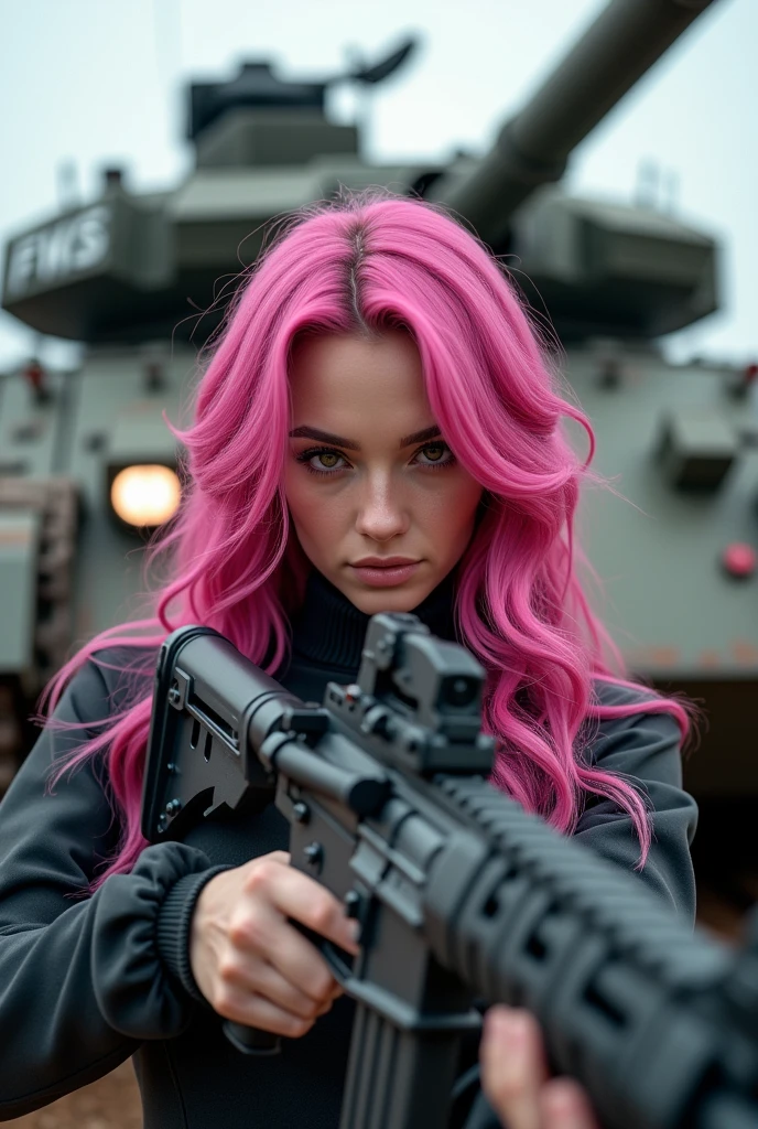 1womanl, 30years, with an exuberant beauty, longye hair, bright pink wavy hair, with a rifle in his hand and looking at the viewer with piercing eyes. in the background there is a huge war tank with tracked wheels and some pink details, on the front of the tank there is a light sign that says “FMS”