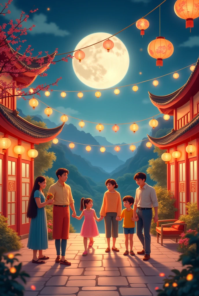 "Lively scene of Mid-Autumn Festival, Showing family reunion，Shared mooncakes，Beautiful view of the moon. The scene includes a beautifully decorated outdoor area，Decorated with traditional lanterns and festive lights. Children playing with colorful lanterns, The moon is exceptionally bright in the night sky, Symbolizes unity and harvest." movie trailer