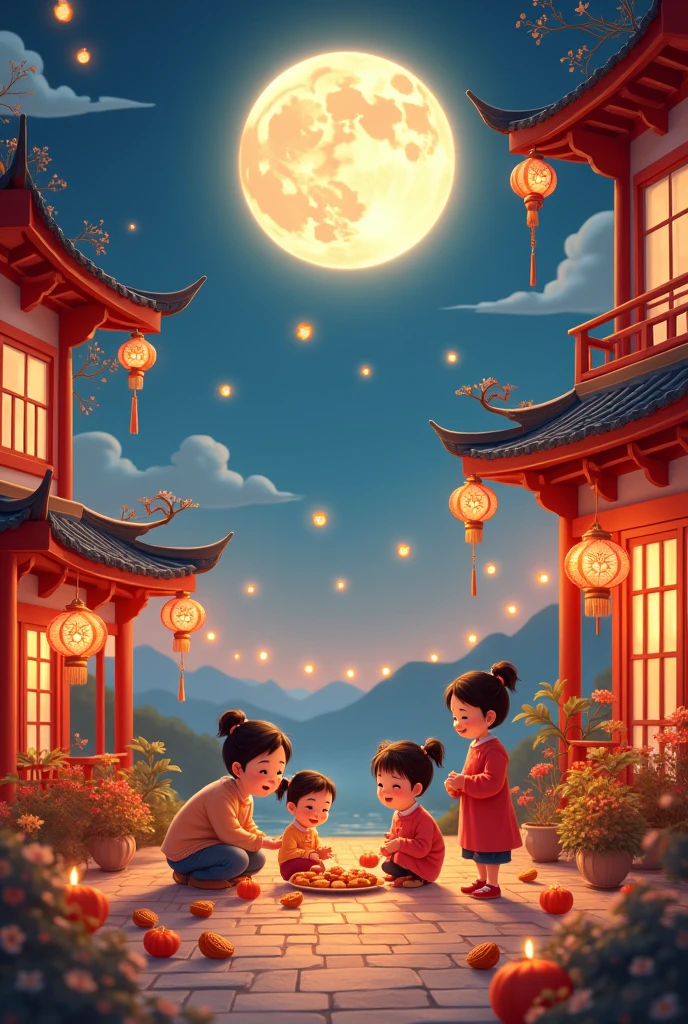 "Lively scene of Mid-Autumn Festival, Showing family reunion,Shared mooncakes,Beautiful view of the moon. The scene includes a beautifully decorated outdoor area,Decorated with traditional lanterns and festive lights. Children playing with colorful lanterns, The moon is exceptionally bright in the night sky, Symbolizes unity and harvest." movie trailer