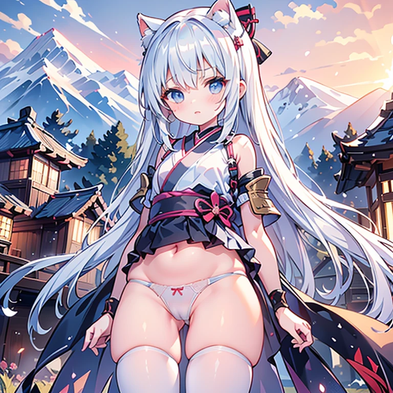 ((A plump and squishy lady:1.3)),((surprise!!:1.3)),(((Women's Lace Panties,((open crotch pantie)),transparent,Erotic lingerie,Big size,Open crotch underwear))),Highest quality、High resolution、Detailed Background、(Beautiful face in every detail:1.4)、In a war-torn battlefield during Japan's Sengoku period, a group of determined young girls, aged between 8 to 12, stand ready for battle. They are dressed in traditional samurai armor scaled down to fit their small frames. Their expressions are fierce, showing a mix of youthful innocence and warrior determination. Some wield small katanas, while others hold spears or yumi bows. The background features a mist-covered landscape with mountains in the distance and remnants of a burning village. The sky is overcast, adding a somber tone to the scene. Despite their age, the girls display bravery, with their clothes slightly worn from battle, standing shoulder to shoulder as they face an unseen enemy.