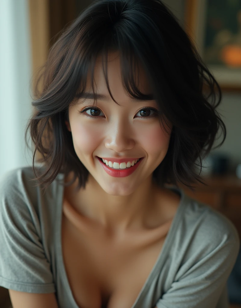 (Highest quality, 8k, 32K, masterpiece, Ultra-high resolution:1.2), Beautiful Japanese Women Photo, Black short hair, Beautiful Face, (Leaning forward:1.3), (close:1.4), indoors, Look at audience, wicked grin, Loose fitting T-shirt, cleavage, Blurred Background