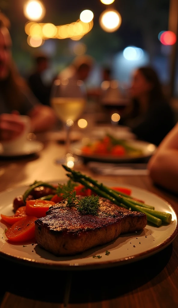 A cozy, nighttime dinner setting at a warm, inviting restaurant. The focus is on a delicious plate of food: a tender, medium-rare steak with a slightly charred exterior and a juicy, pink center. The steak is garnished with fresh herbs, and beside it are vibrant grilled vegetables, including perfectly cooked asparagus, caramelized baby carrots, and lightly seared bell peppers. The plate is set on a rustic wooden table under the soft, ambient glow of warm overhead lights. The scene captures the night atmosphere with a slightly dim background, where the silhouettes of other diners can be seen. Across the table, the edge of another plate and a hand holding a glass, subtly lit, suggest the presence of a dining companion, enhancing the sense of a relaxed and friendly evening meal