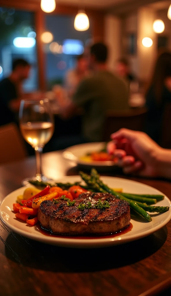 A cozy, nighttime dinner setting at a warm, inviting restaurant. The focus is on a delicious plate of food: a tender, medium-rare steak with a slightly charred exterior and a juicy, pink center. The steak is garnished with fresh herbs, and beside it are vibrant grilled vegetables, including perfectly cooked asparagus, caramelized baby carrots, and lightly seared bell peppers. The plate is set on a rustic wooden table under the soft, ambient glow of warm overhead lights. The scene captures the night atmosphere with a slightly dim background, where the silhouettes of other diners can be seen. Across the table, the edge of another plate and a hand holding a glass, subtly lit, suggest the presence of a dining companion, enhancing the sense of a relaxed and friendly evening meal