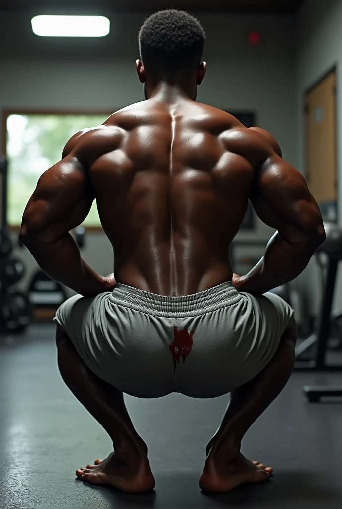 Black men squatting with a huge butt in tight grey sweatpants, huge bulge, in gym, big cock, wet stain near crotch area of sweatpants, huge pecs, shirtless, huge muscles, 6 pac, tall, back side