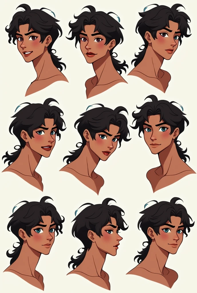 Appearance:Ray is a young man who appears to be in his early 20s an average hight and a lean muscular and a hint of a feminine stature and brown complexion who is almost always seen wearing a serious and emotionless expression or his regular aloof happy concerned or normal faces which are all cute He has unruly curly brunette hair of uneven lengths that sticks out In a low messy ponytail at the base of his neck of his neck and rouge colored irises and dark blue Diamond shaped pupils
He also wears silver vambrace bracelets on his wrists