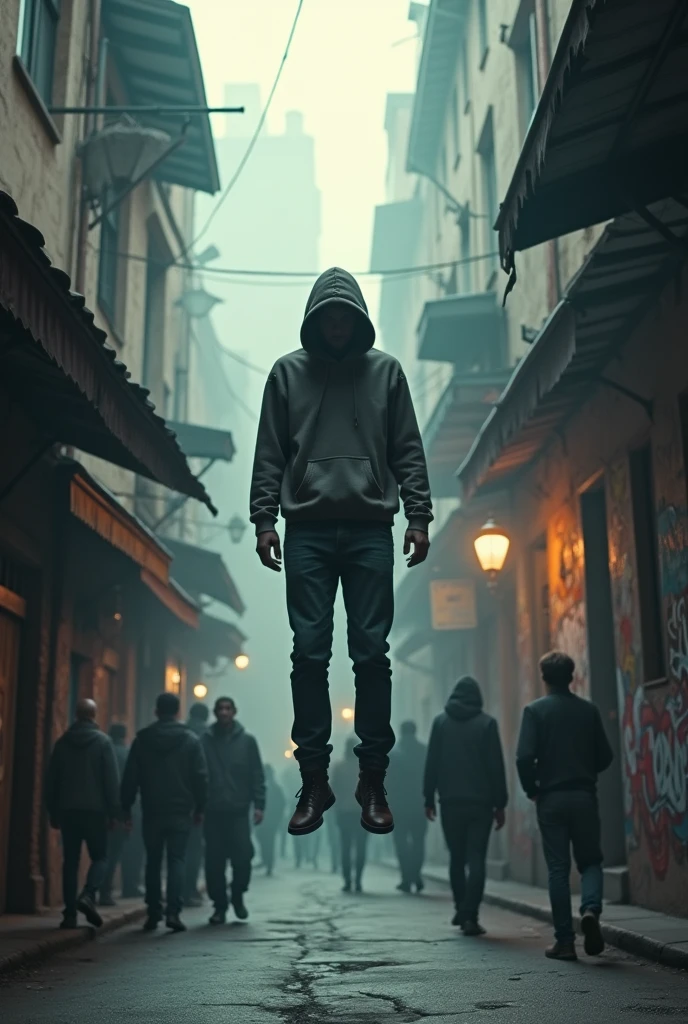 photo of guy relaxed, hovering on the air, in the middle of the street, floating, suspended in the air, using a hoodie, flying, jeans, crowded street, alley, lots of people, dramatic lighting, 90s look, vhs style, dark fantasy, graffiti, VHS-style, film super 8, cinematic lighting, g0s1, 90s flash photo, analogue photo, 70s_Photo, Sheetghost person, no face, shadow face.