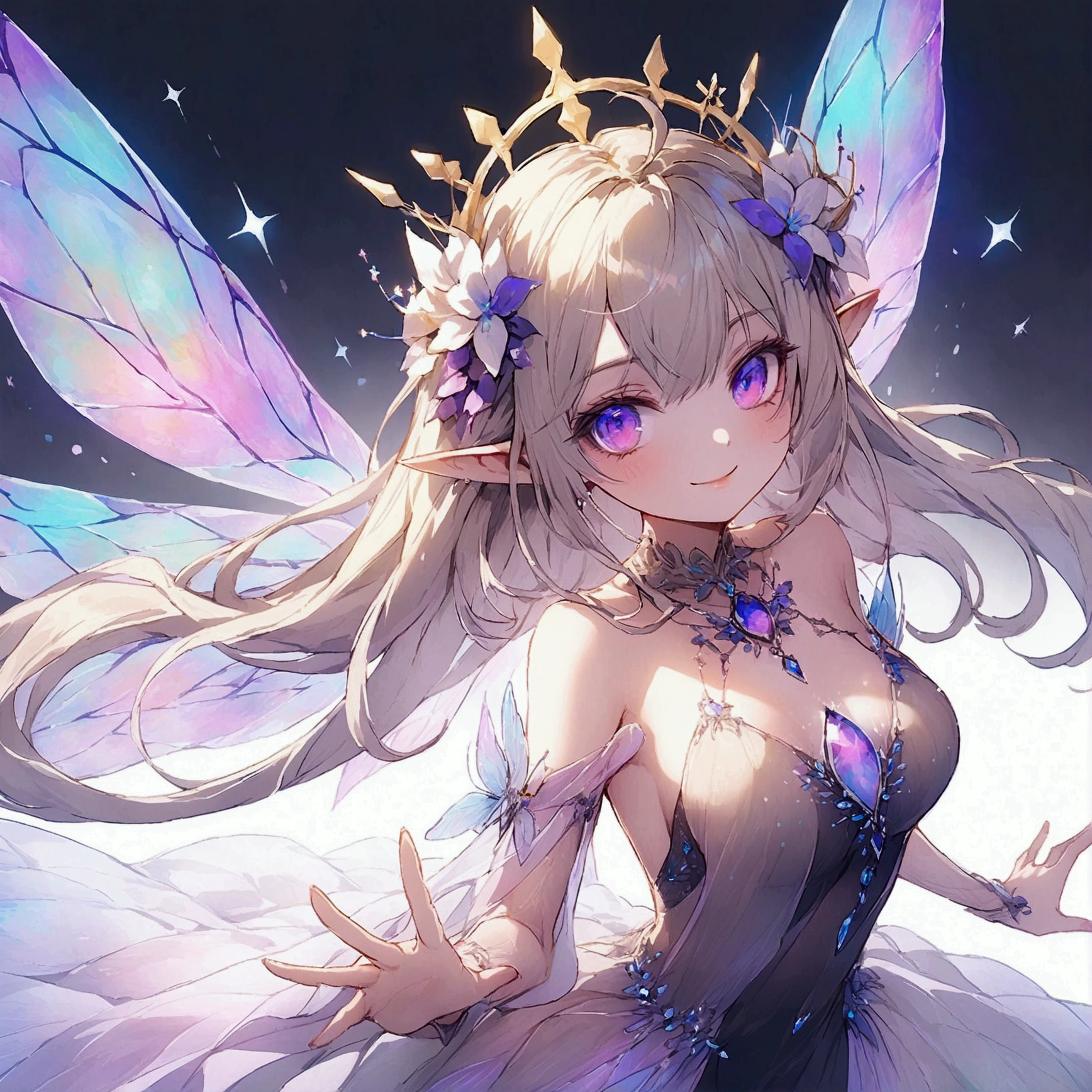 diaphanous wings flutter as she alights upon a crystalline flower, piercing amethyst eyes sparkling with mischief as she considers how to help convince her favorite playmate to let people love who they love. Gossamer gown Full body, pointy eared Fairy with long Bipectinate or clubbed antenna, long fluttering diaphanous glittering Multi-veined, prismatic membranous wings with iridescent properties, Celtic illumination makeup, gossamer gown, With a graceful sweep of her hand, she conjures a shower of stardust that coalesces into a shimmering portal, its luminous edges pulsing with cosmic energy. 