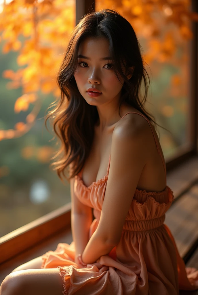 Asian woman, showing ass, sexy face, sexy pose, sitting on bench, autumn background