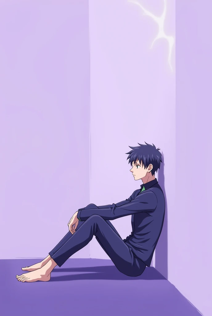 Lighter purple background and in a corner satoru gozo is sitting backward