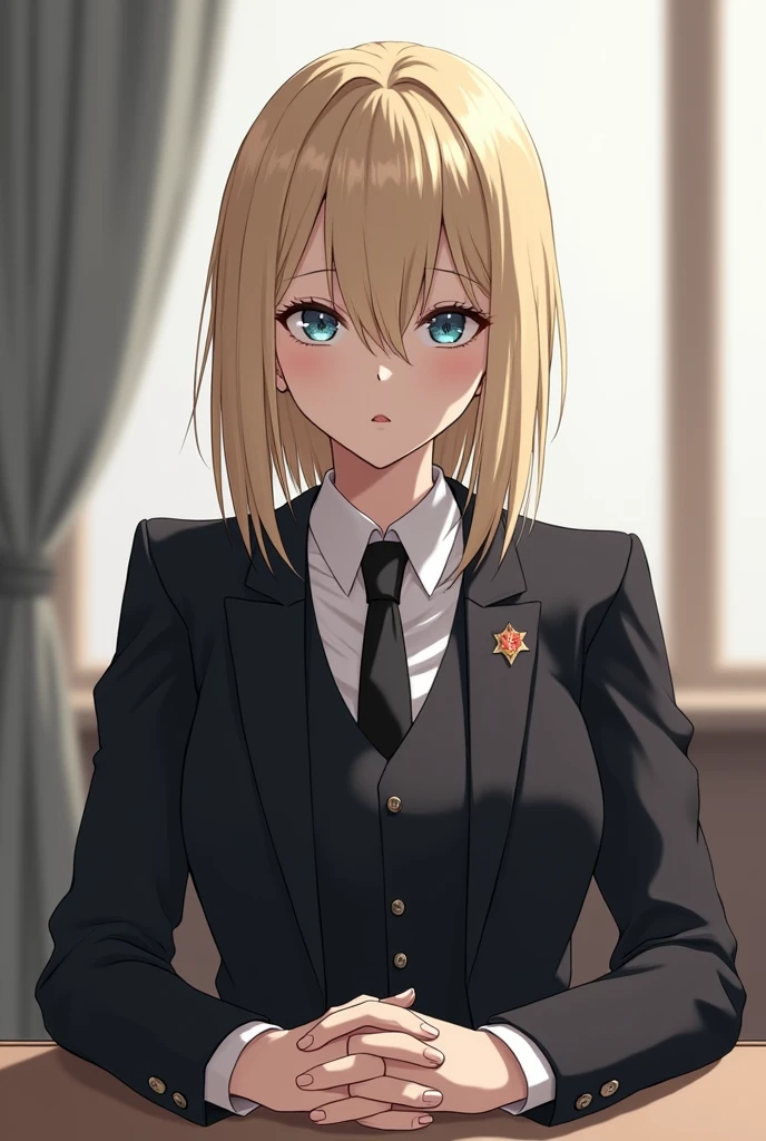 anime character, masculine, Slightly Feminine Fractions, Height 1.87 cm, cold facial expression, Medium long hair, very dark blonde hair color, very dull crystal blue eye color, 3 piece suit, that can only be seen from the waist up, bottom, the one sitting behind a coffee