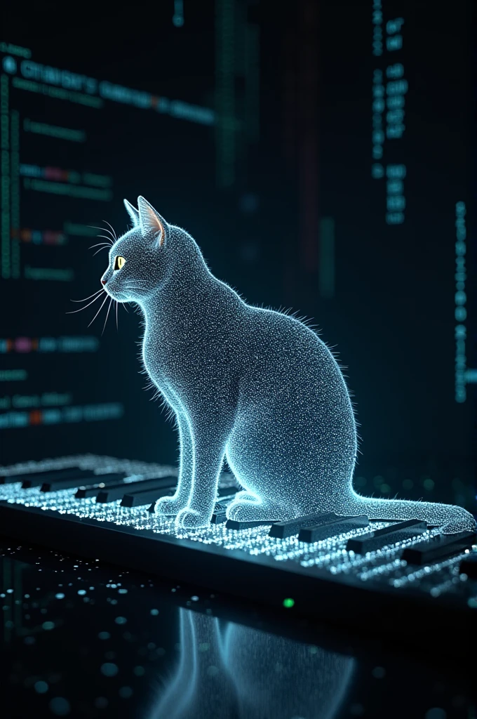 A floating text on the screen, like “A cat on a piano”, with the image of a cat on a piano formed from pixels or a point cloud. Around the screen, Algorithms and codes float around that represent the image generation process.