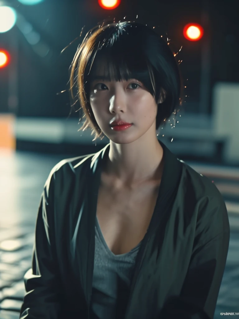 masutepiece, (Best Quality:1.4), Realistic, Dramatic lighting,Professional Writing,strong shadows,Highly detailed unified 16k wallpapers, Photorealistic ray-traced depth of field,Wet roads ,Orange filter、((Random pose 1.3)),drenched, Dripping, Wet Face,Wet clothes, Wet Skin, Wet Hair,A young woman with a cute face like a Japanese idol,(Cleavage),((Cinema Lighting),(Natural light),(High level of artistry),(artistic),(Indistinguishable quality from the real thing),RAW Photos,Genuine,Genuine,High resolution,RAW Photos,masterpiece, beautiful